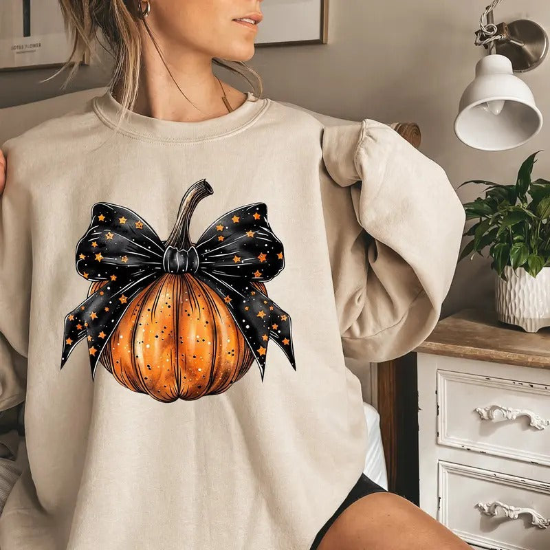 Retro Fall Pumpkin Bow Sweatshirt, Coquette Pumpkin Bow Halloween Sweater, Fall Coquette Bow Shirt, Halloween Fall...