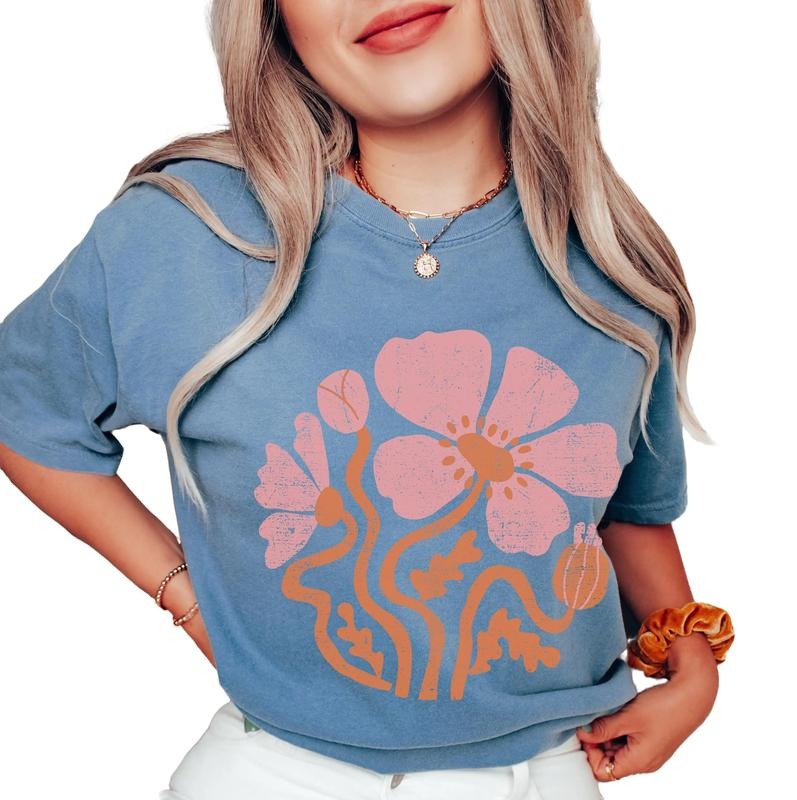 Retro Flower Shirt, Boho Wildflower Shirt, Modern Poppy Tshirt, Vintage Poppies Shirt, Boho Botanical Tee, Y2k Shirt,...