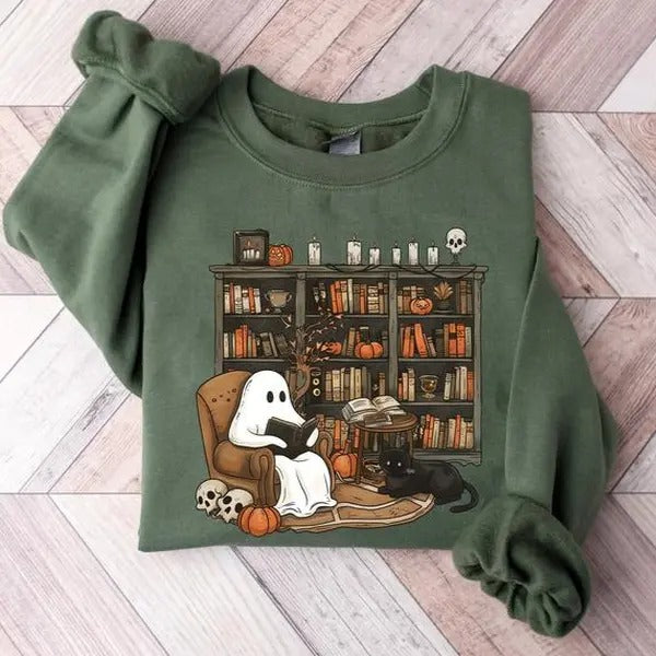 Retro Ghost Reading Books Shirt - Sweatshirt