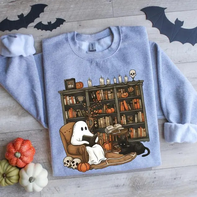 Retro Ghost Reading Books Sweatshirt, Librarian Ghost Halloween shirt, Halloween Teacher Sweatshirt, Halloween Shirt,...