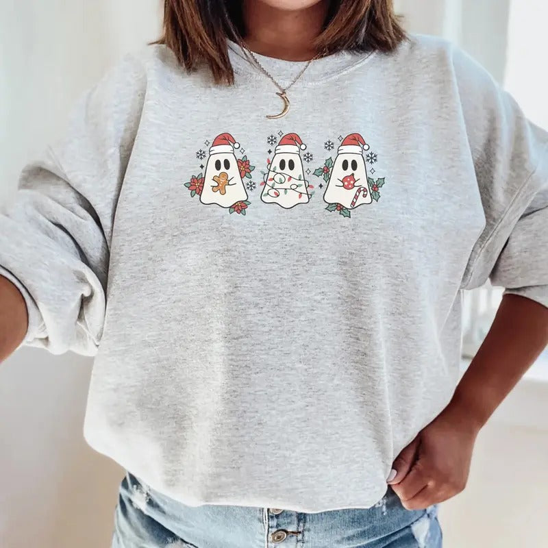 Retro Ghost Santa Sweatshirt, Christmas Ghost Tee Shirt, Holiday Ghost Sweater, Spooky Christmas Shirt, Christmas Gift...