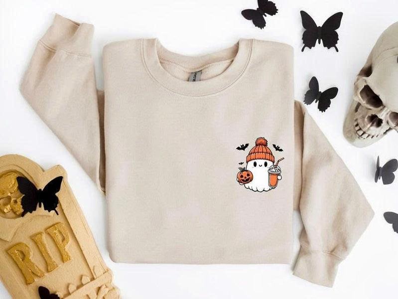 Retro Graphic Little Ghost Ice Coffee Sweatshirt for Women, Cute Halloween Spooky Season Sweater, Ghost Lover Gift...