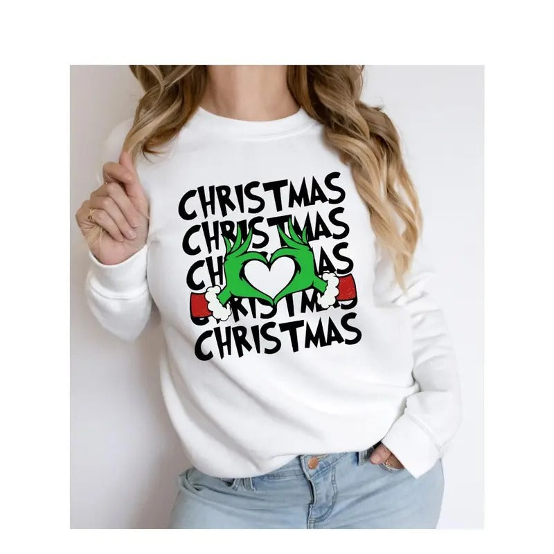 Retro Grincmas Shirt Christmas Grinc Sweatshirt Merry Christmas Green T-shirt Funny Christmas Tee Gift Green Heart Love...