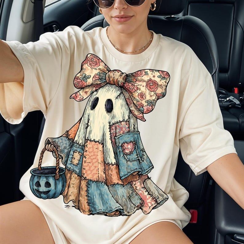 Retro Halloween Blue Denim Ghost tshirt, Trendy Patchwork Spooky Ghost tshirt, Cute Boo Ghost Coquette tshirt, Fall...