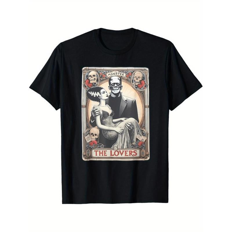 Retro Halloween Frankenstein Lovers Tarot Card Halloween T-Shirt" Graphic Tees Funny shirt Cotton Short sleeve Breathable...