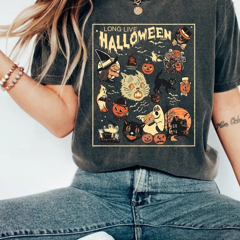 Retro Halloween Shirt, Long Live Halloween,Spooky Season Tee Pumpkin Shirt Black Cat, Unisex Classic Cotton Tee with 2...