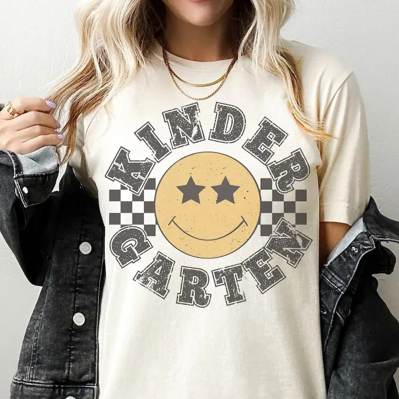Retro Kindergarten Grade Teacher Shirt, Kinder Grade Tee, First Day of School Matching TShirt, New Teacher Gift, Teacher...