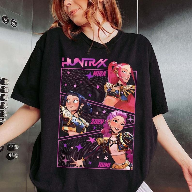 Retro Kpop Demon Hunters T-Shirt Gift for Woman, Jinu Manga, Huntrix PIN, Merch, Saja Girls Fan Hoodie, Sweatshirt