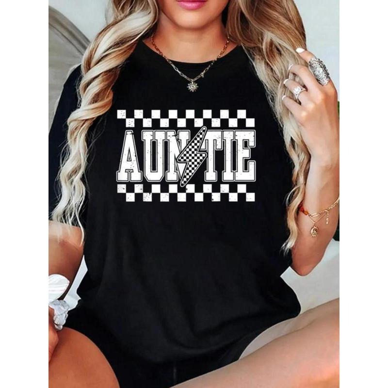 Retro Lightning Auntie Checkered Funny Auntie For Women Men T-Shirt Crew Neck T Shirt For Summer, Women's Soft Short...