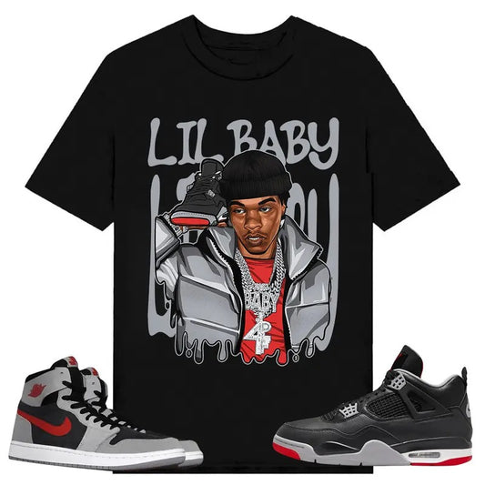 Retro Lil, Shirt to match A J 1 High Zoom CMFT 2 Fire Red Cement Grey, A J 4 Bred, Shirt to matching Sneaker