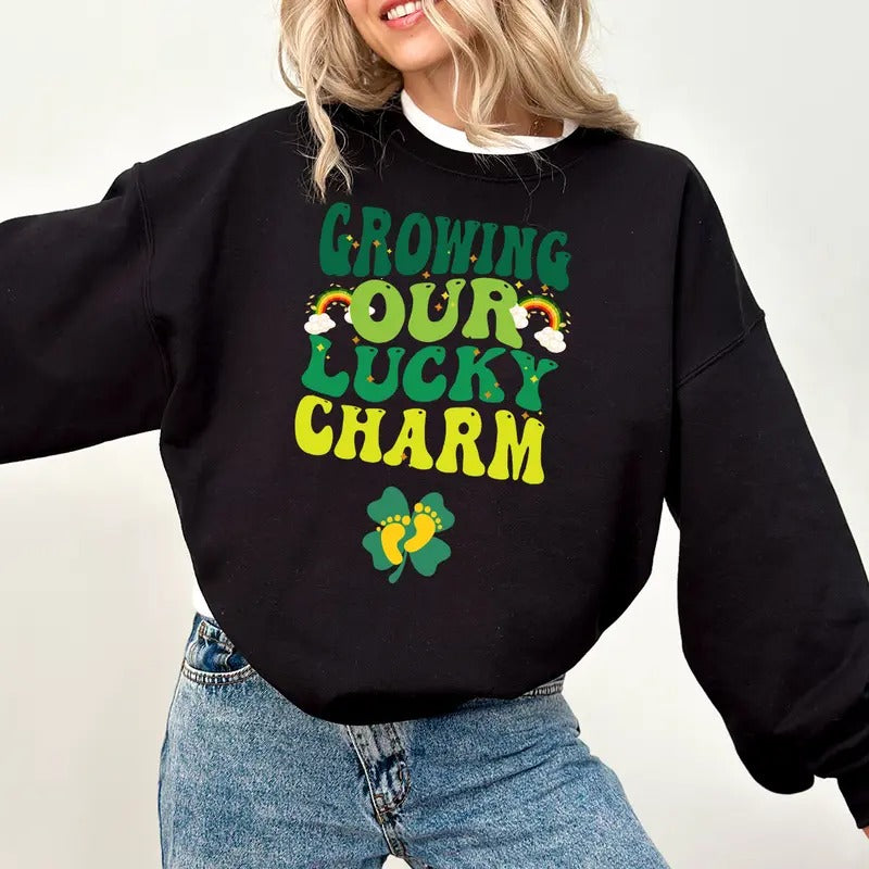 Retro Lucky Charm St Patrick's Pregnancy Maternity Shirt Sweatshirt Hoodie, Growing Our Lucky Charm Pregnancy...