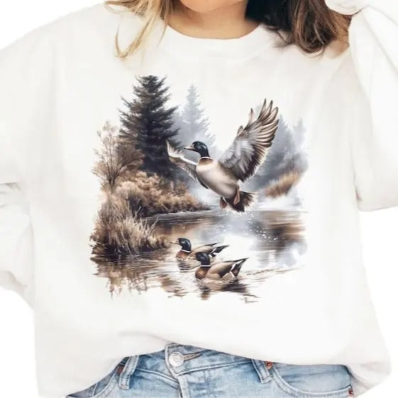 Retro Mallard Ducks Fall Pond Scene Sweatshirt T-shirt Hoodie - 90s Waterfowl Duck Forest Nature Outfit