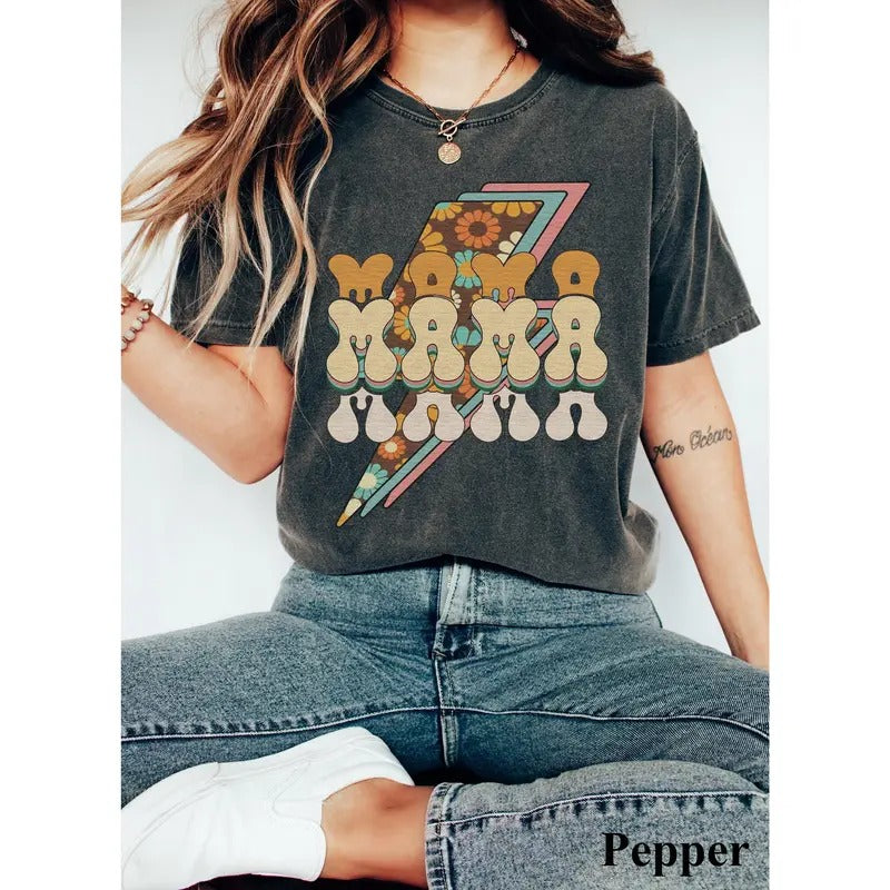 Retro Mama Shirt Mom Shirt Mama Comfort Colors Shirt Lightning Bolt Mama Shirt Mother's Day Shirt Mama Tshirt Mom Graphic...