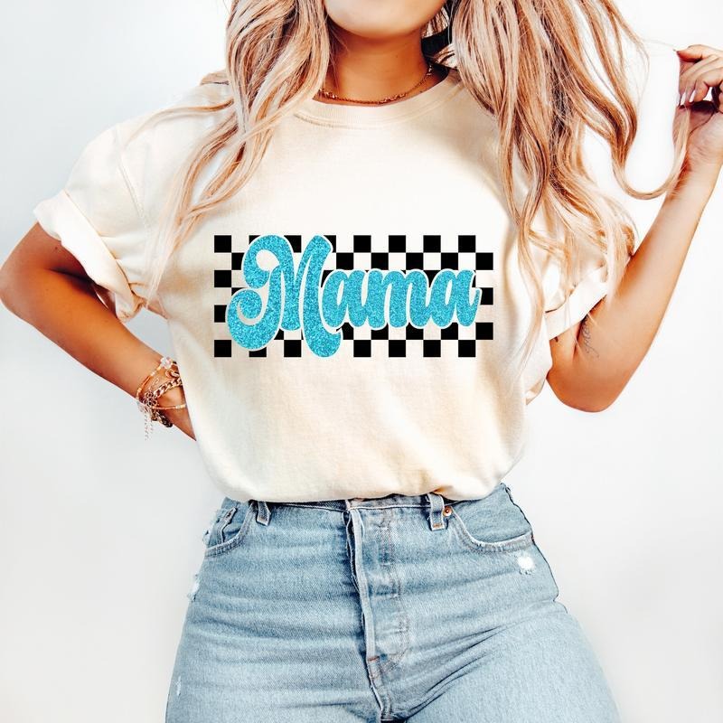 Retro Mama T-Shirt-sweatshirt-hoodie, Blue Mom T-Shirt, Retro Checkered T-Shirt, Trendy Mom Shirt Design | UrbanDripWear.com