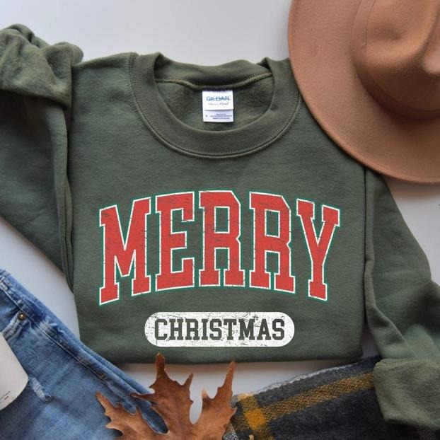 Retro Merry Christmas Sweatshirt, Womens Holiday Sweater, Cute Xmas Party Gift, Winter Sweater T-Shirts, Hoodie
