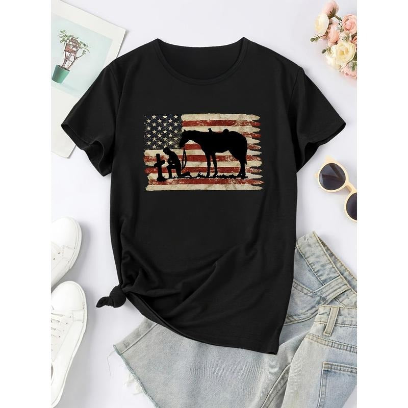 Retro National Flag Soldier Pattern Crew Neck T-Shirt, Casual Short Sleeve T-Shirt, Women'S Clothing Hoodie, Sweatshirt