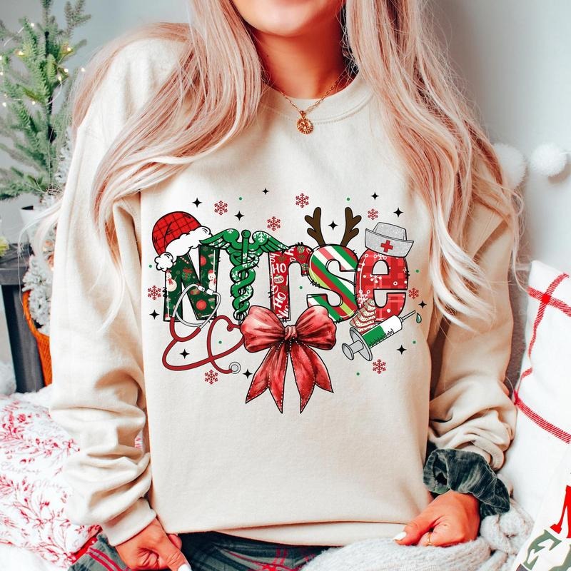 Retro Nurse Merry Christmas Sweatshirt, Gift for Nurse, School Nurse Sweatshirt, Coquette Nurse Christmas Bow Sweatshirt...