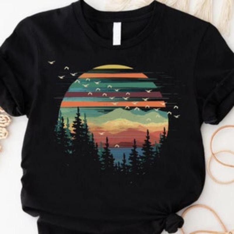 Retro Pine Trees Sunset Shirt, Adventure Shirt, Nature Lover Gift, Camping Gift Shirt, Forest Themed Shirt, Retro Forest...
