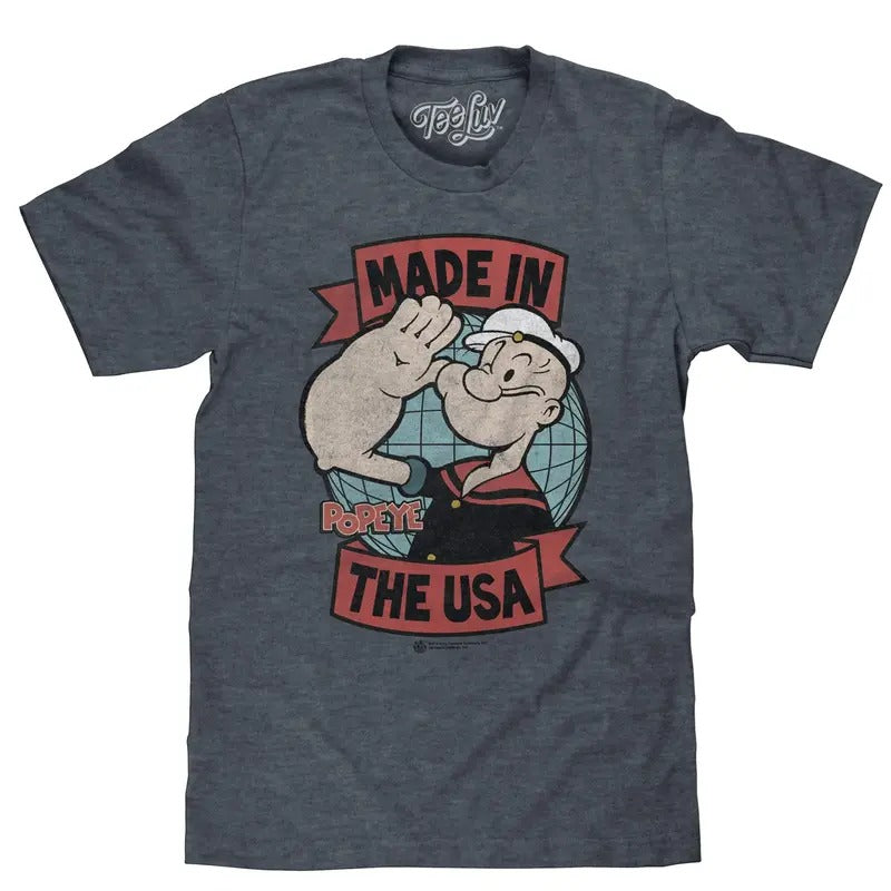 Retro Popeye Made in the USA T-Shirt - Indigo Heather Hoodie, Sweatshirt | UrbanDripWear.com
