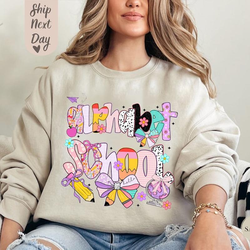 Retro Preppy Alphabet Teacher Shirt, Crayon Drawing Teacher Shirt, Teacher Shirt, 1st Day Of School Teacher, Trendy...
