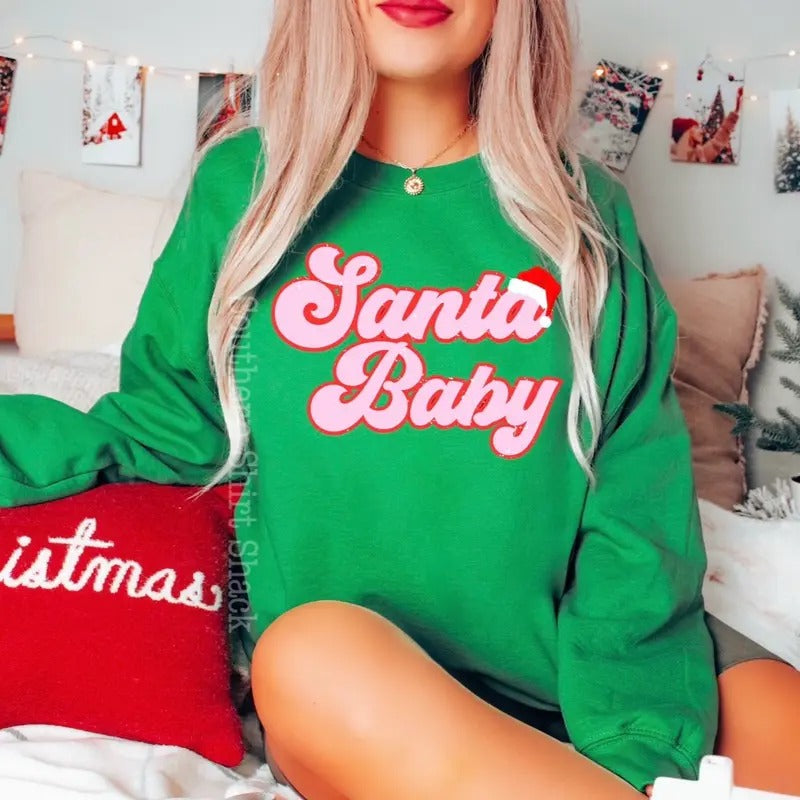 Retro Santa Baby Sweatshirt | Christmas Sweatshirt | Green Sweatshirt T-Shirts, Hoodie | UrbanDripWear.com