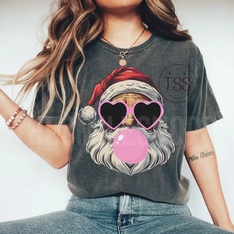 Retro Santa Christmas blowing bubble Christmas, Vintage Christmas Santa with Sunglasses Tshirt Hoodie, Sweatshirt