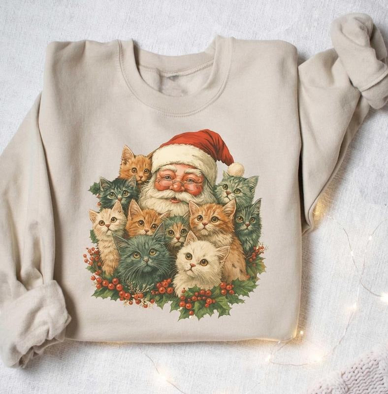 Retro Santa Claus & Kittens Christmas Winter Sweatshirt - 90s Old Saint Nick Gift For Cat Lovers Outfit - Boho Unisex...