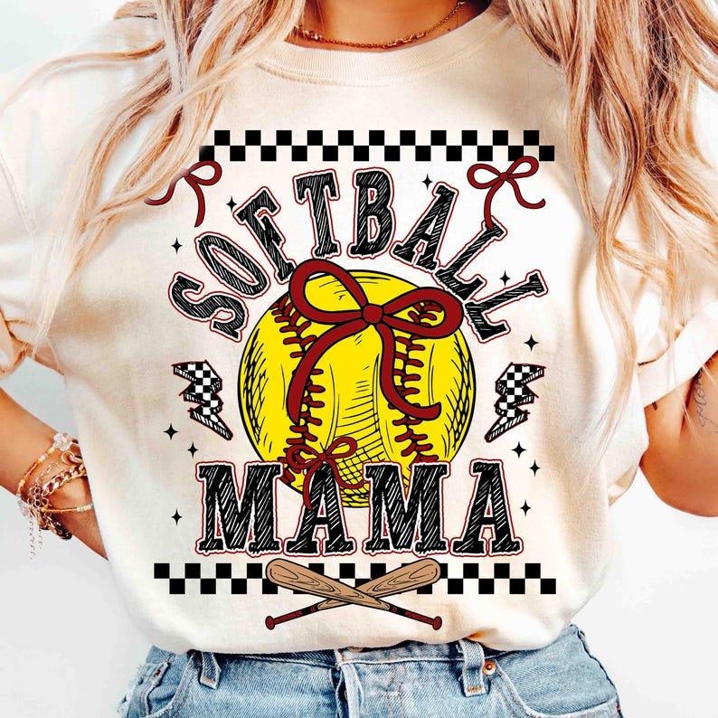 Retro Softball Mama Checkered Tshirt, Softball Mama Shirt, Softball Coquette Bow Tee Hoodie, Sweatshirt | UrbanDripWear.com