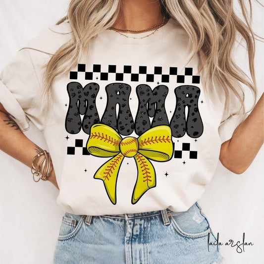 Retro Softball Mama T-shirt, Coquette, Game Day Bow, Checker, Softball Mom