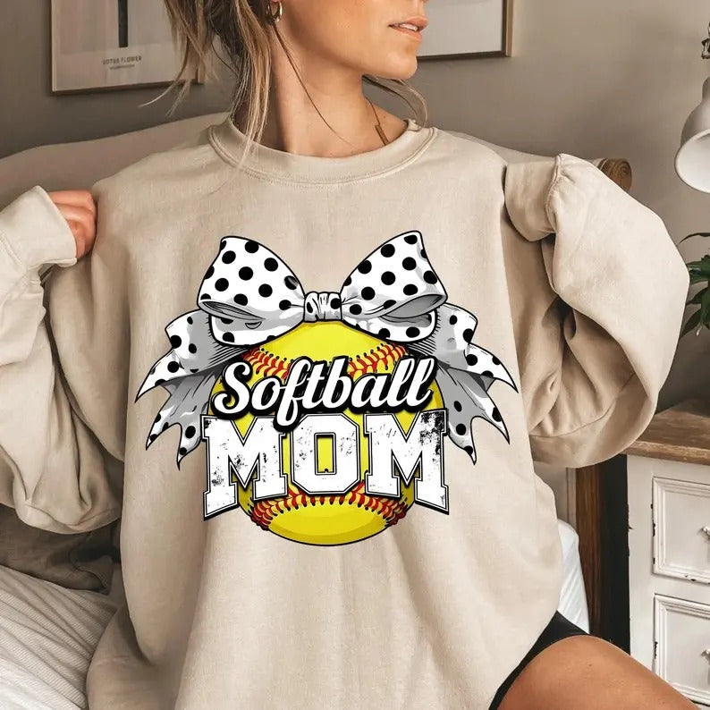 Retro Softball Mom Sweatshirt Coquette Bow Softball Mama Game Day Softball Bow Sports Shirt Hoodie | UrbanDripWear.com