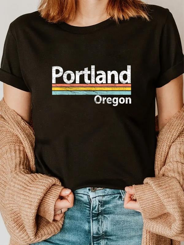 cotton Portland - Oregon - Worn Design/Retro Stripes - Classic T-Shirt Black casual Fashion graphic tees women Hoodie,...