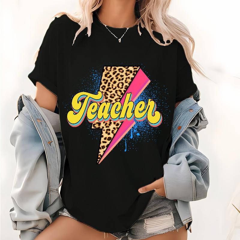 Retro Teacher Pattern T Shirt, Back to School Gift, Rock n Roll Teacher Graphic Shirt, Leopard Teacher Print Tees,...