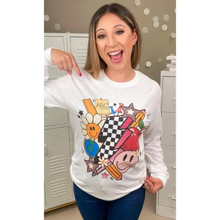Retro Teacher Vibes Graphic Long Sleeve T-Shirt Hoodie, Sweatshirt | UrbanDripWear.com