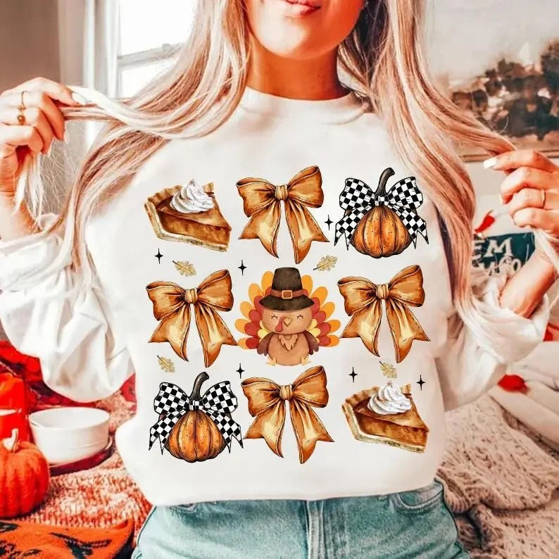 Retro Thanksgiving Tshirt Sweatshirt, Retro Fall Pumpkin Bow, Fall Coquette Bow Shirt, Turkey Shirt, Autumn Girly ,...