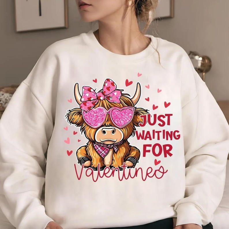 Retro Valentine Highland Cow | Western Love Heart Crewneck | Coquette Sweatshirt T-Shirts, Hoodie | UrbanDripWear.com