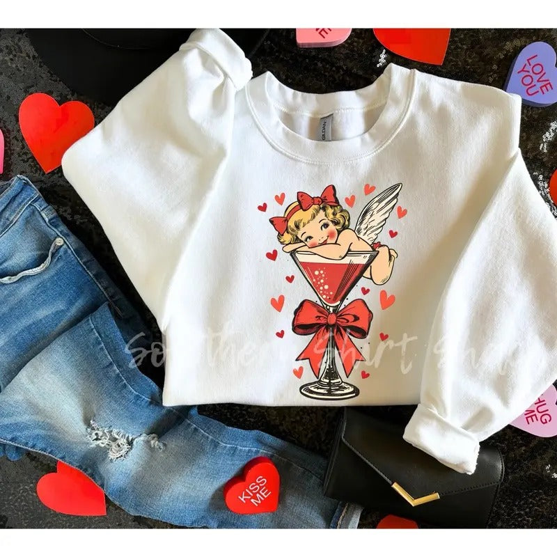 Retro Valentines Day Martini Cupid Sweatshirt White Sweatshirt T-Shirts, Hoodie | UrbanDripWear.com