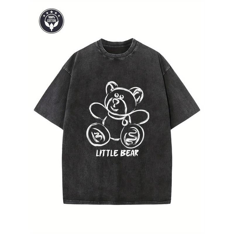 Retro Washed T-Shirt 230G, "Bear" Creative Pattern Printing, Heavy 230G Cotton Oversize Shoulder T-Shirt, Washed...
