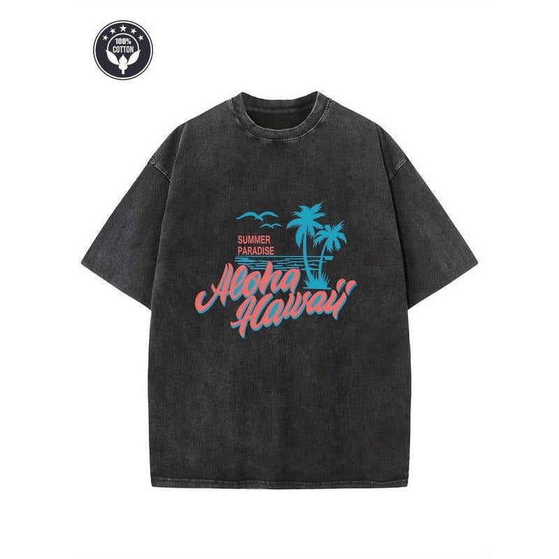 Retro Washed T-Shirt 230G, "Hawaii" Creative Pattern Printing, Heavy 230G Cotton Shoulder T-Shirt, Retro, Street T-Shirt,...