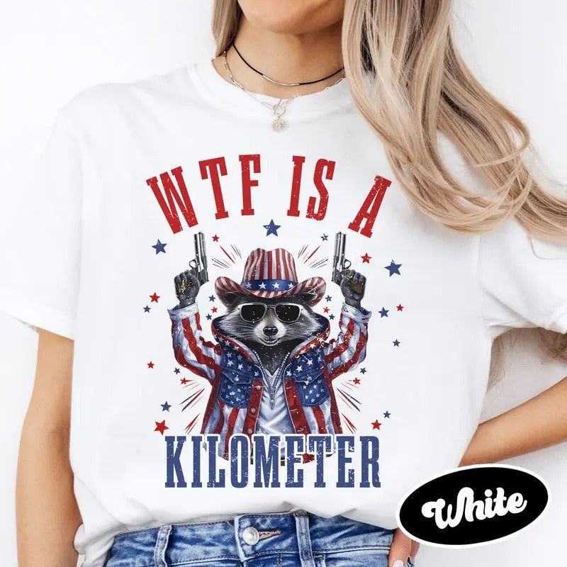 Retro Wtf Is A Kilometer Raccoon Funny T Shirt, Funny Cringey Usa Meme T Shirt, Usa Flag , Veteran Day Tee, Funny Gamer...