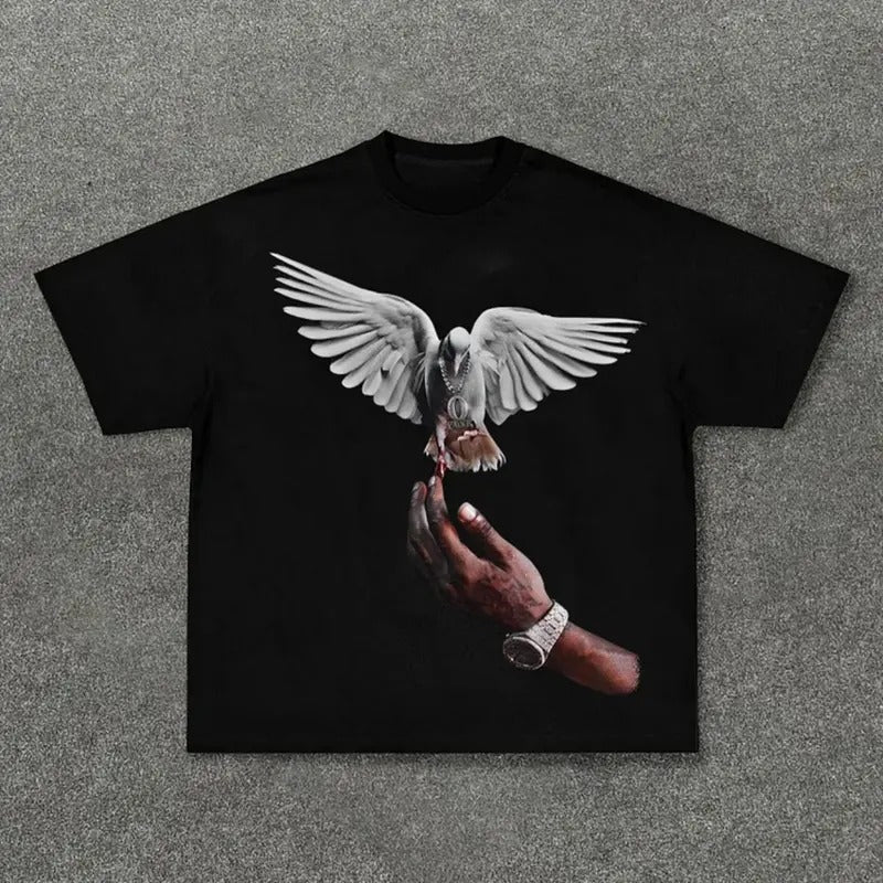Retro pigeon print casual short-sleeved T-shirt,  Vintage Graphic Crewneck Tshirt Hoodie, Sweatshirt | UrbanDripWear.com