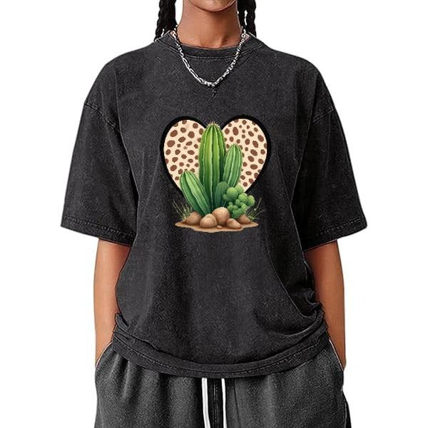Revive Retro Vibes! This women's washed T - shirt, with its charming cactus