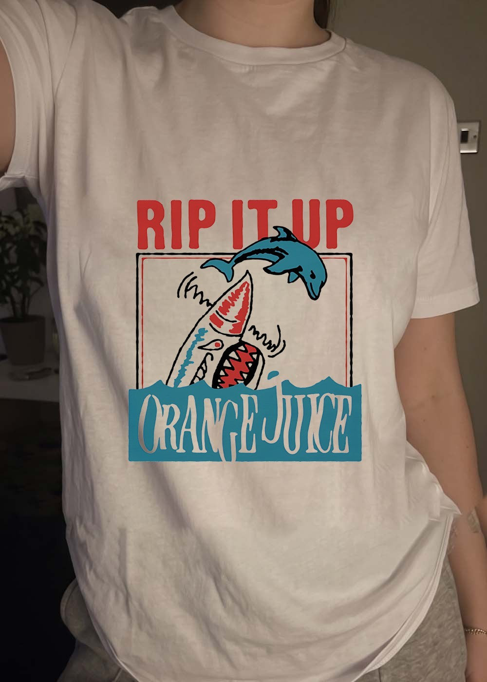 Rip It Up Orange Juice Dolphin Shark Retro Surf T-Shirt