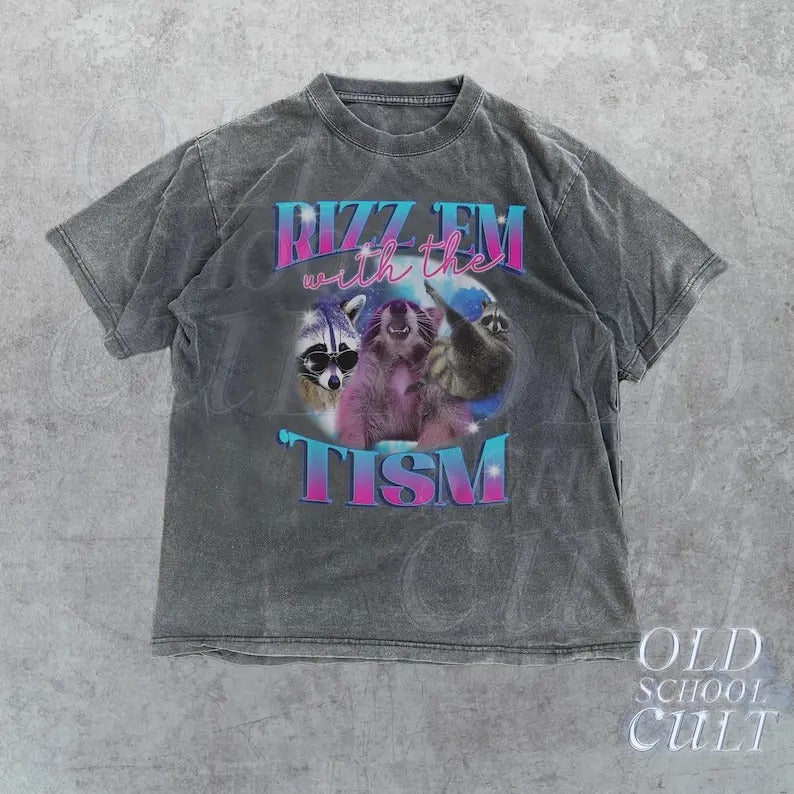 Rizz Em With The Tism Retro Shirt, Vintage Funny Raccoon Graphic Shirt, Autism Awareness, Raccoon Meme Tee, Relaxed Soft...