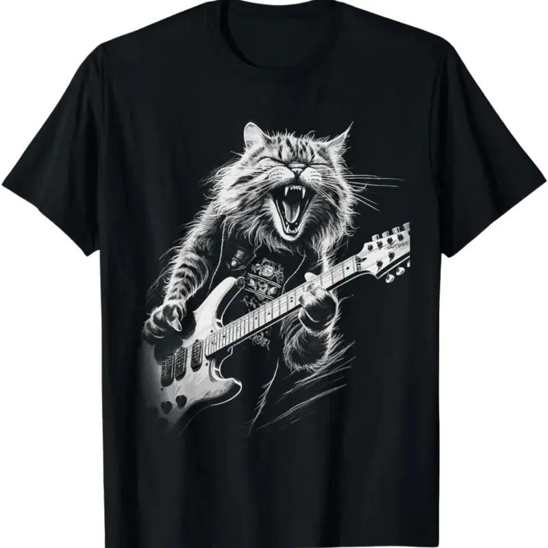 Rock Cat Playing Guitar Shirt Funny Guitar Cat Vintage T Shirt, T-Shirt For Unisex , Gift For Men , Gift For Women Top...