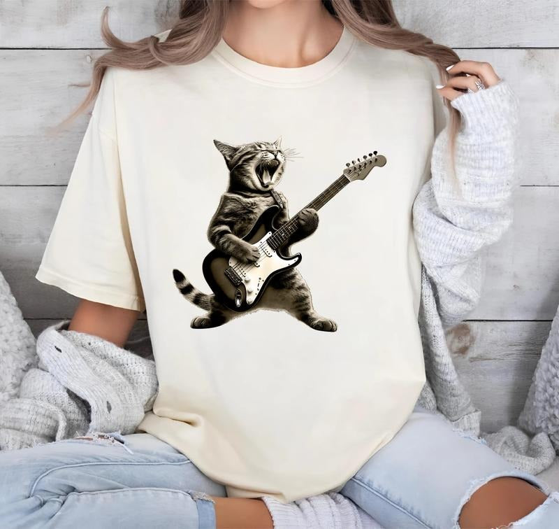 Rock Cat Playing Guitar Shirt Retro Funny Design 100% Cotton Full Color Women's Streetwear Casual Round Neck Short Sleeve...
