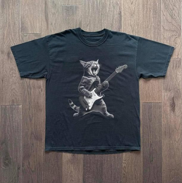 Rock Cat Playing Guitar T-Shirt, Funny Guitar Cat Tee, Unisex Graphic Tees Gothic Grunge Y2k Emo Scene Amity Affliction...
