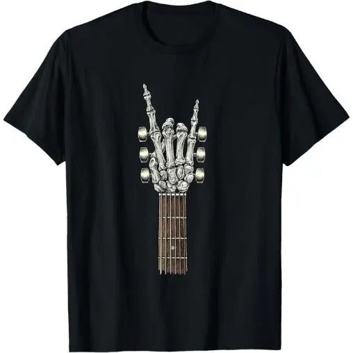 Rock On Guitar Neck Skeleton Hand Sign Rock & Roll Band Tees T-Shirt Made in USA Graphic Hoodie, Sweatshirt
