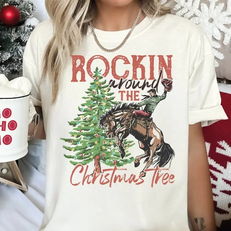 Rockin Around The Christmas Tree Shirt, Country Christmas Shirt, Retro Xmas Western Shirt, Cowboy Christmas Family Tee...