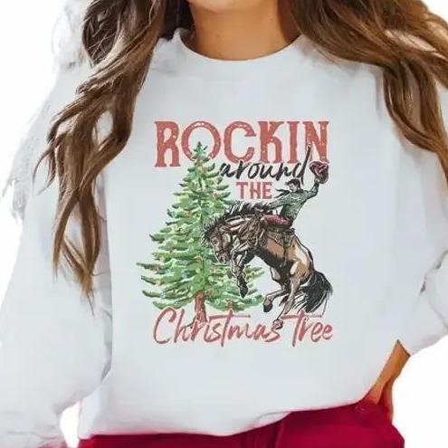 Rocking Around The Christmas Tree Sweatshirt, Retro Christmas Western Cowboy Sweatshirt Cotton Outfit T-Shirts, Hoodie