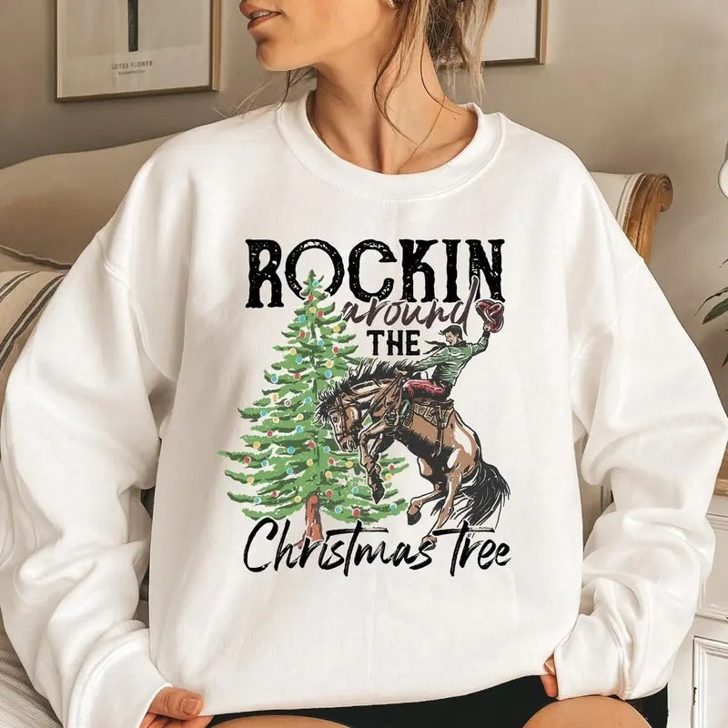 Rocking Around The Christmas Tree Sweatshirt, Retro Christmas Western T-Shirt, cowboy sweatshirt,yee haw howdy christmas,...